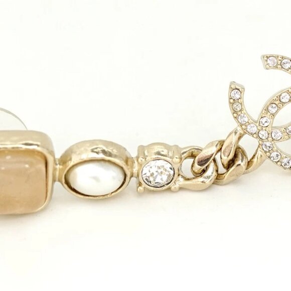 CHANEL CC Logos Rhinestone Pearl Dangle Stud Earrings Gold Tone A21K Auth w/Box - Picture 5 of 8